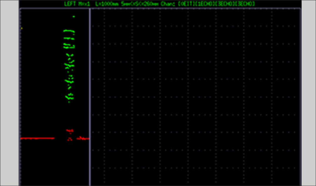 Ultrasonic B-scan display showing horizontal crack indication in rail head