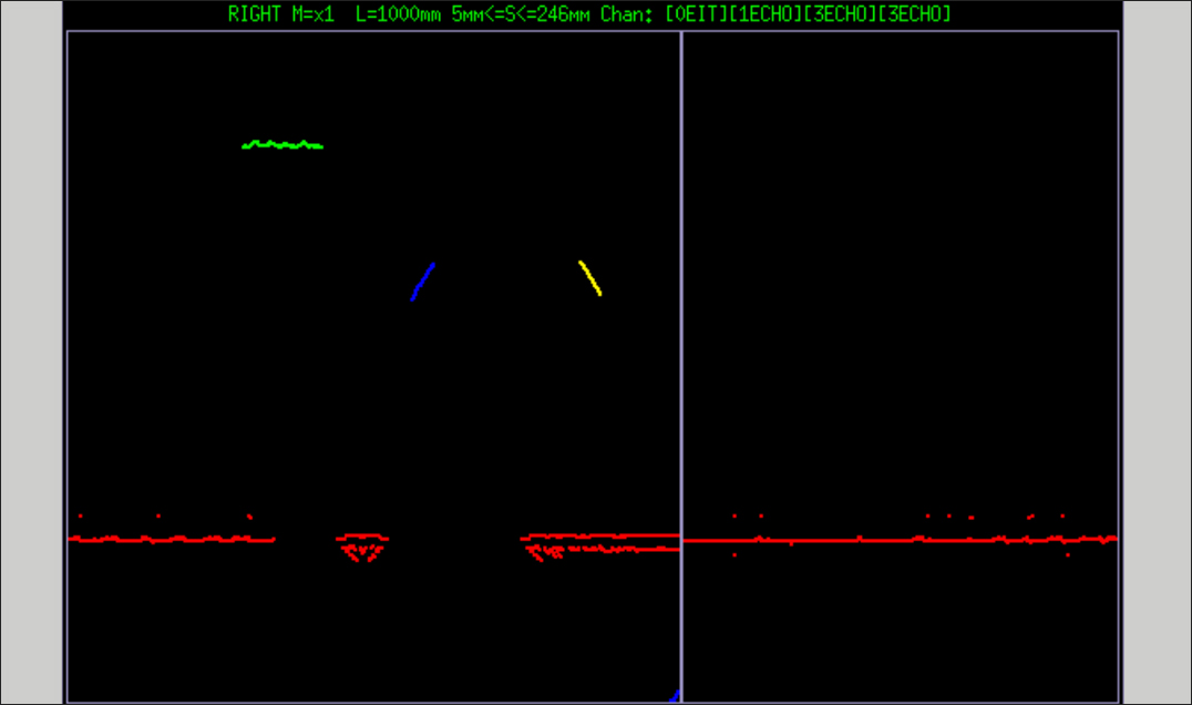 Ultrasonic B-scan showing defect indication in rail web weld zone