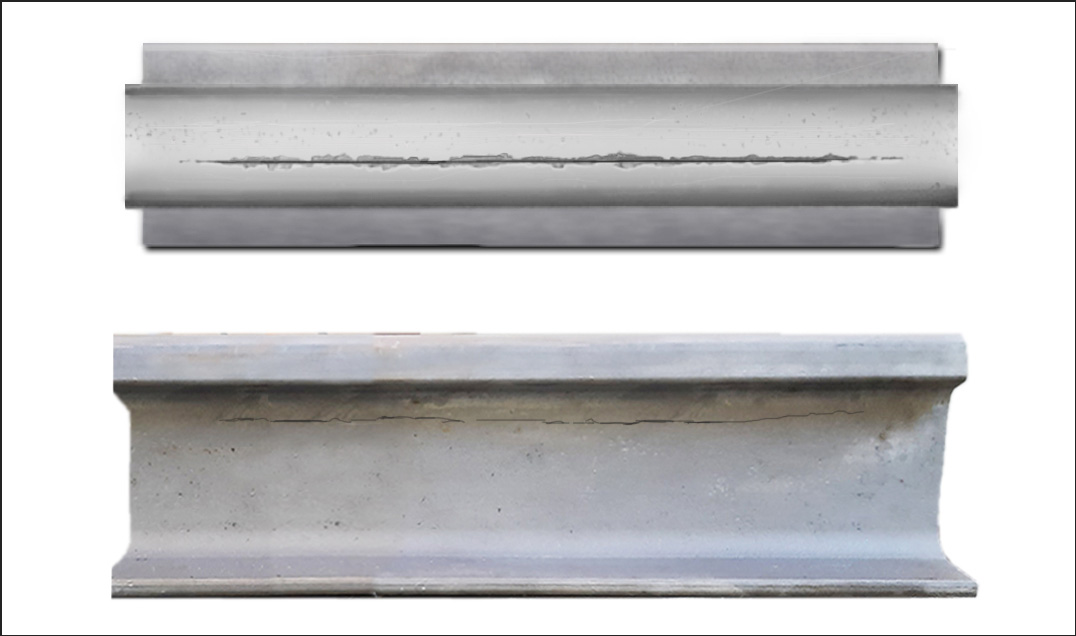 Vertical fatigue crack in rail head, ultrasonic inspection B-scan flaw detector display