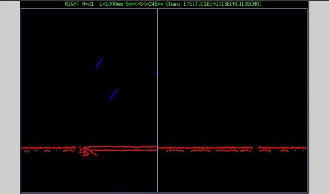 Ultrasonic B-scan display showing piping defect indication